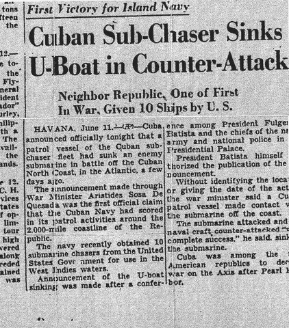 Recorte de prensa norteamericana anunciando el hundimiento del U-176