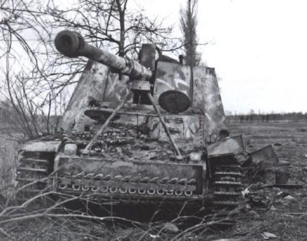 Panzerjäger Nashorn puesto fuera combate por un cazacarros M10 de la 2ª División Blindada francesa durante los combates por la bolsa de Colmar
