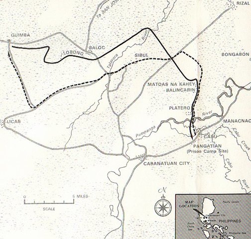 Rutas de los Rangers y Alamo Scouts hacia el campo de Cabanatuan